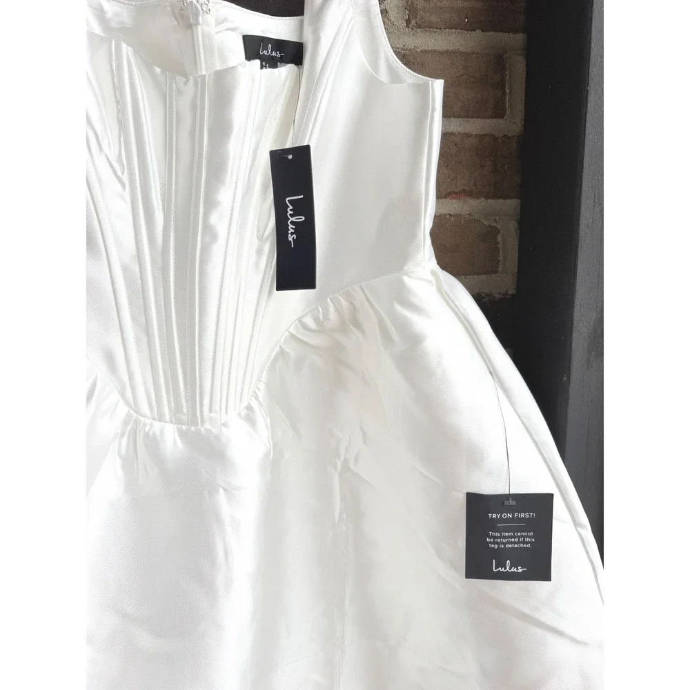 Lulus Impressed White Taffeta Bustier Basque Waist Mini Dress Womens L White